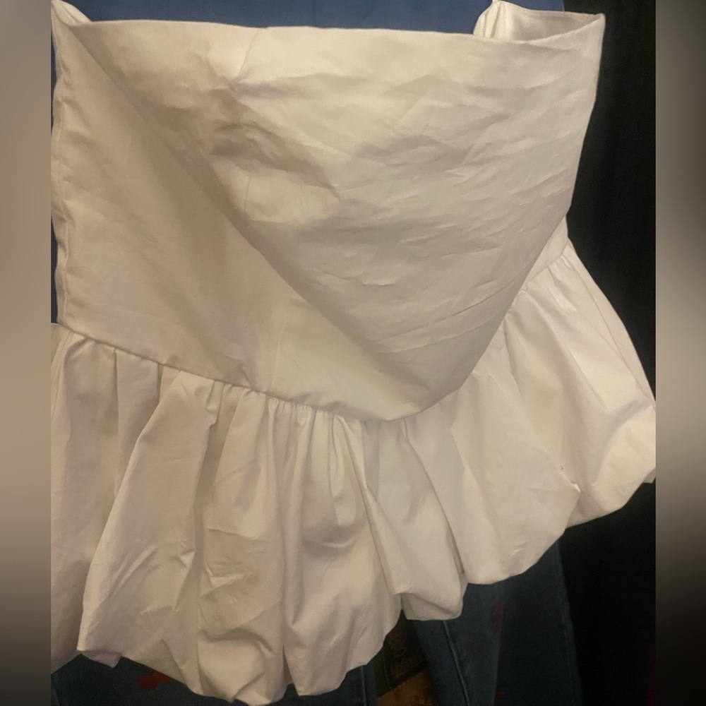 Blenca White (Large) Girl-core, Feminine Peplum Bubble Cropped Strapless Top
